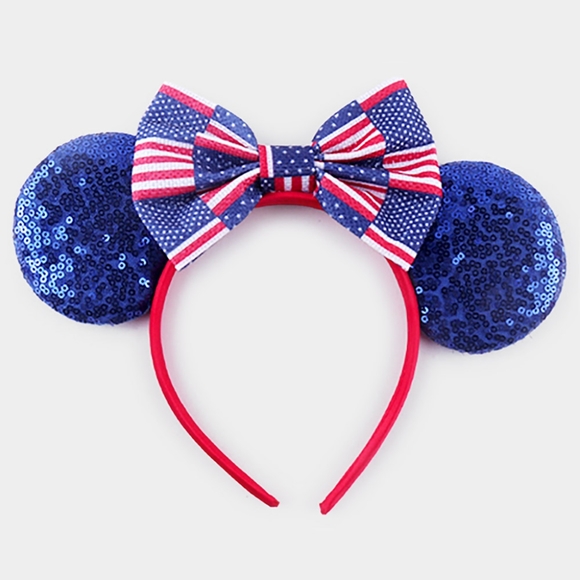 Blue Red White Sequin Mouse Ears Striped American USA Flag 4th Of July Headband - Picture 1 of 2